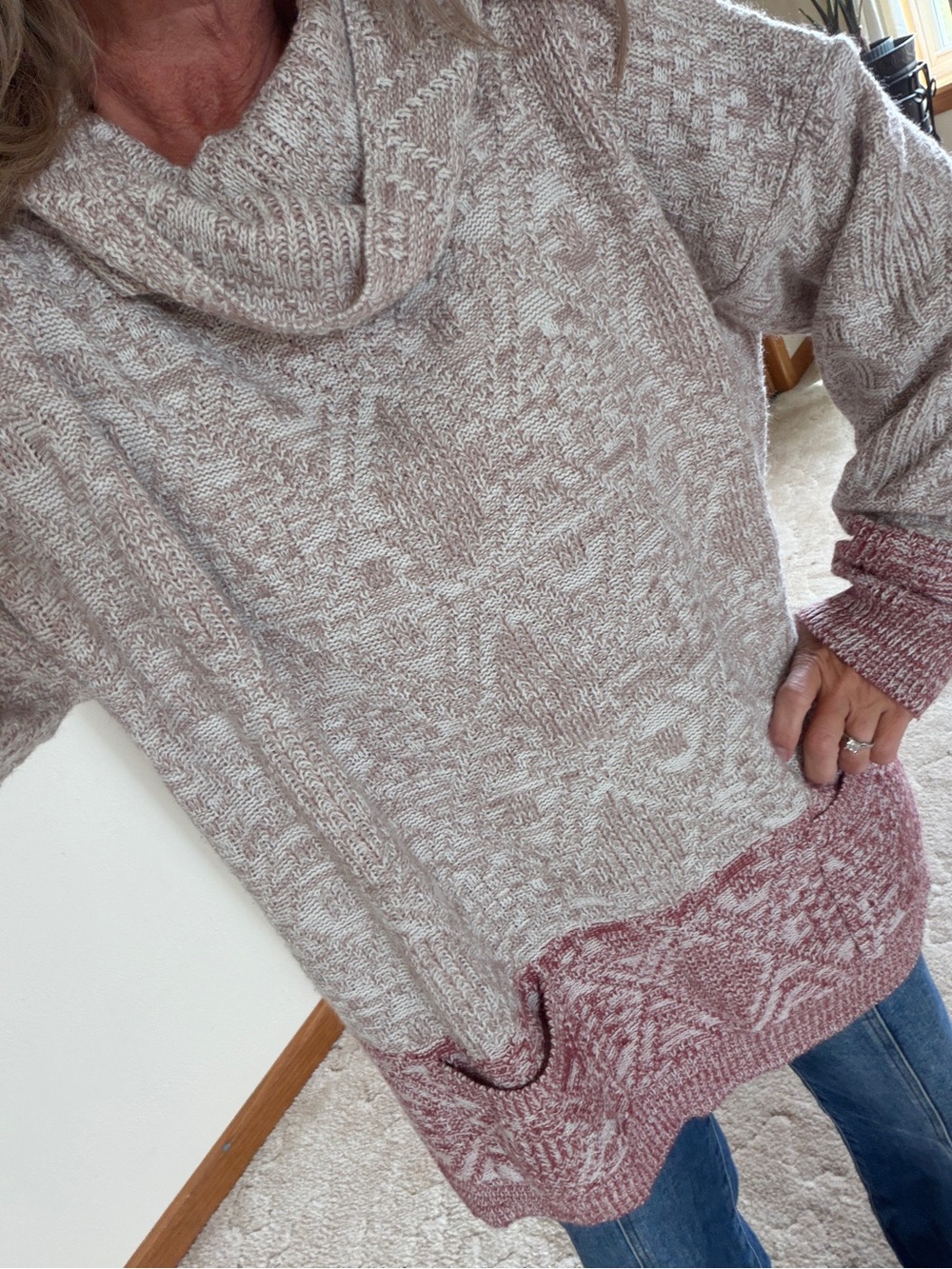 JODIFL Two-Tone Cowl Neck Sweater in Cream and Rose- M